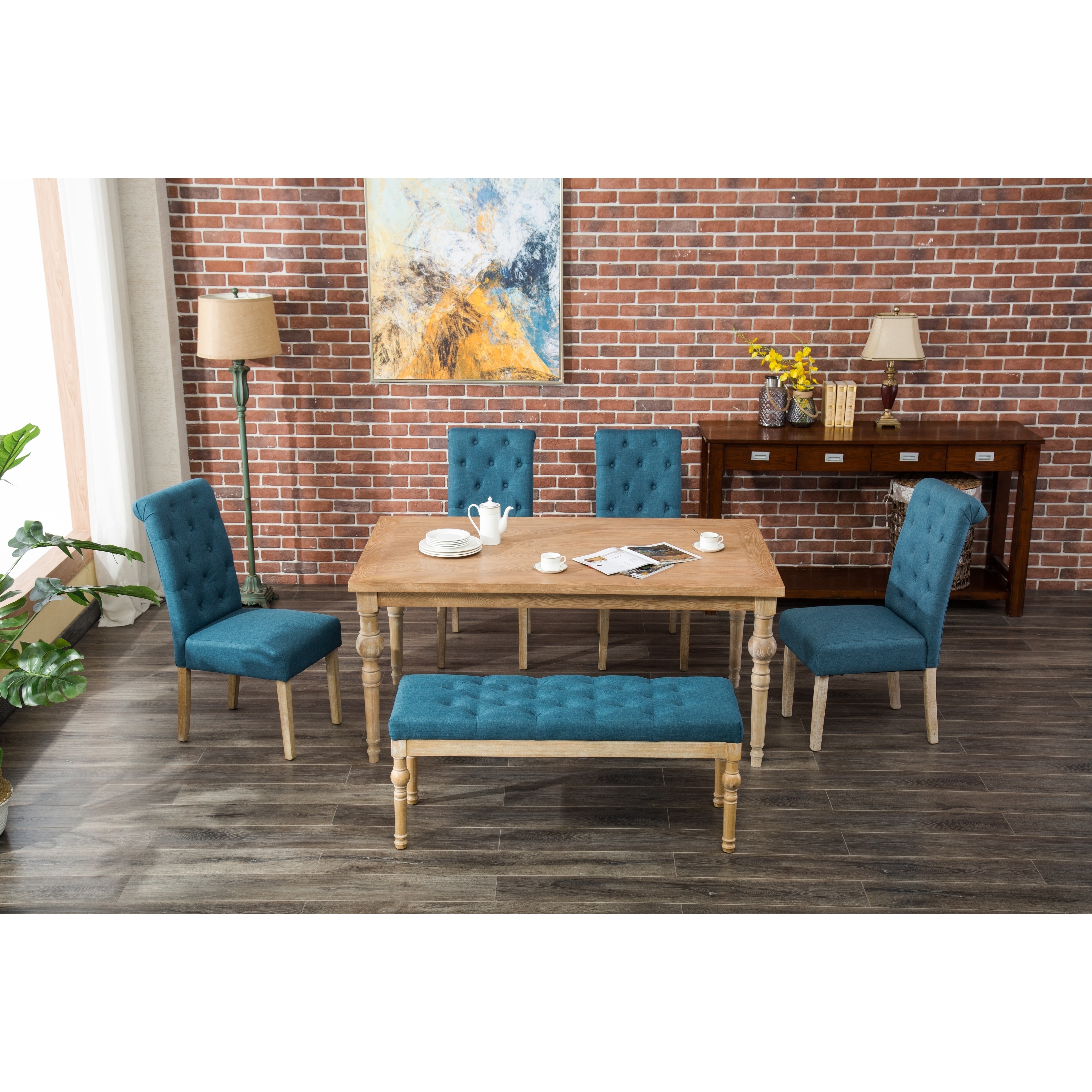 Habitanian 6 Piece White Wash Dining Set With Bench Seating Habitanian 6 Piece White Wash Dining Set With Bench Seating