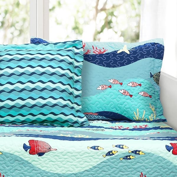 Set Trapunta Lush Decor Sealife 2 Pezzi — Blu Con Stampa Marina, 100% Cotone, Perfetto Per Camera Bambini O Stile Nautico