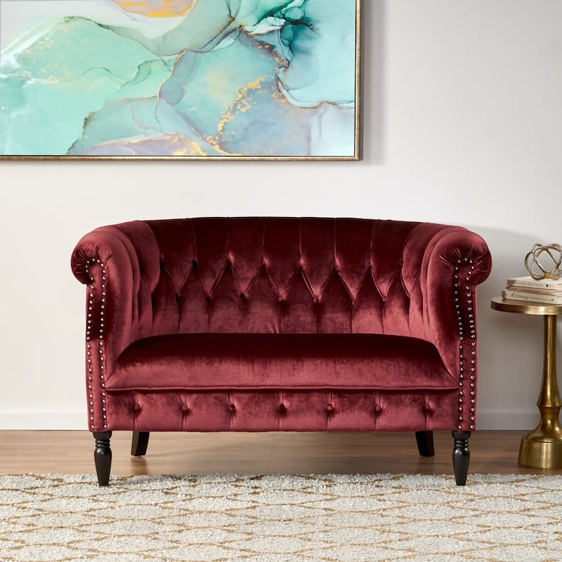 Milani Velvet Tufted Scroll Arm Loveseat by Christopher Knight Home - Red