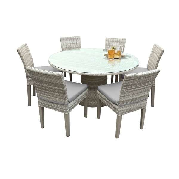 Catamaran Outdoor Patio Round Wicker Dining Table with Glass Topper and