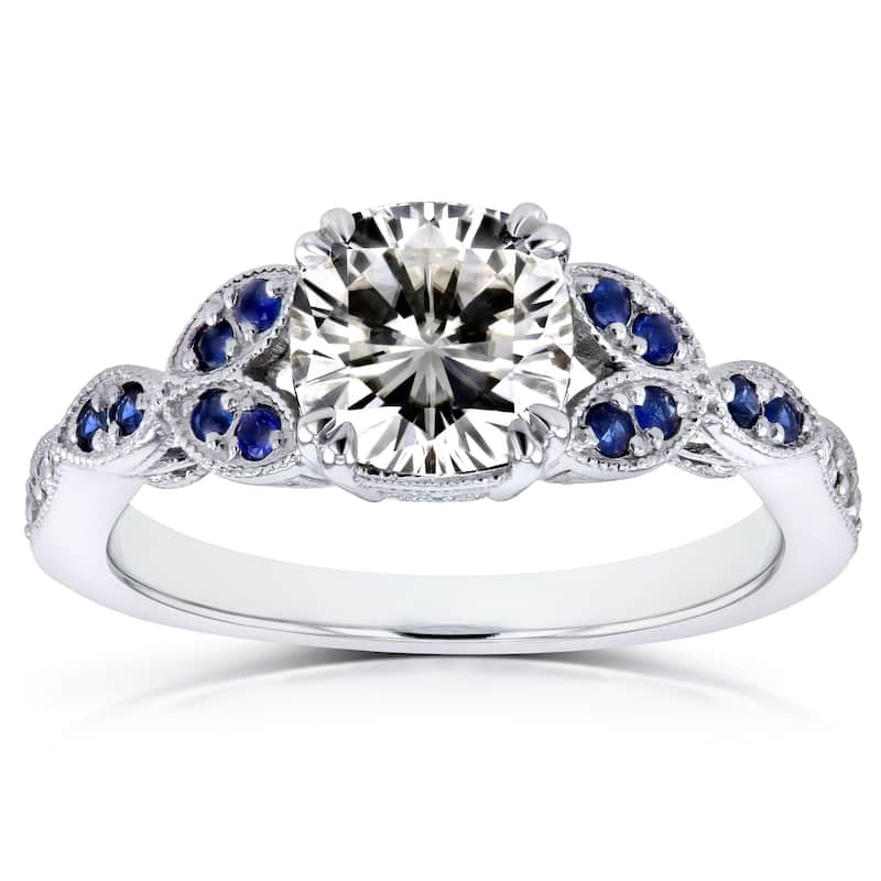 Annello by Kobelli 14k White Gold 1 1/3 Carats TGW Moissanite with Diamond and Sapphire Accents Ring