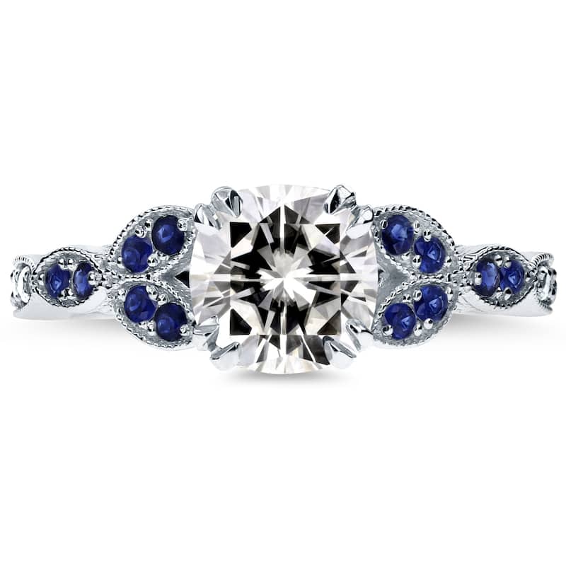 Annello by Kobelli 14k White Gold 1 1/3 Carats TGW Moissanite with Diamond and Sapphire Accents Ring