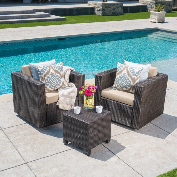 Puerta Outdoor Wicker 3-piece Swivel Chat Set with Cushions by Christopher Knight Home