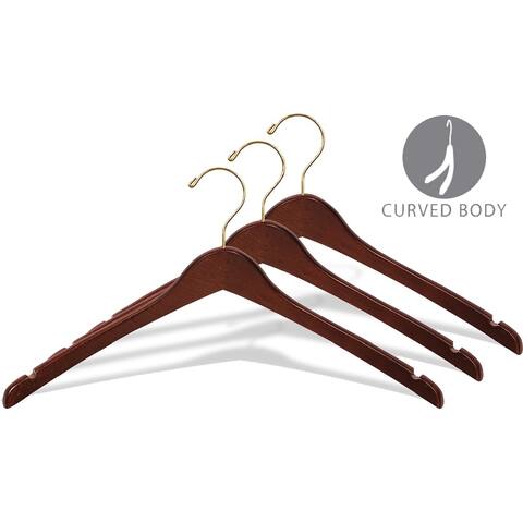 Curved Wooden Top Hanger with Walnut Finish, 1/2 Inch Thick Hangers with Brass Swivel Hook & Notches For Hanging Straps