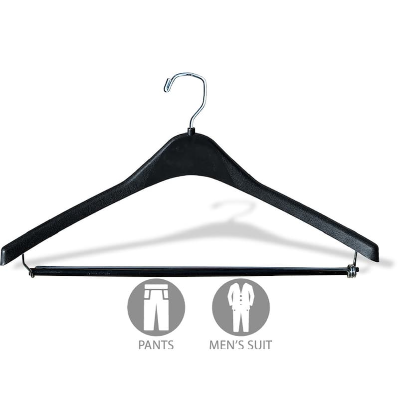 Heavy-Duty Black Plastic Coat Hanger with Locking Pant Bar, Box of 100 1/2 Inch Thick Countoured Hangers with Chrome Hook