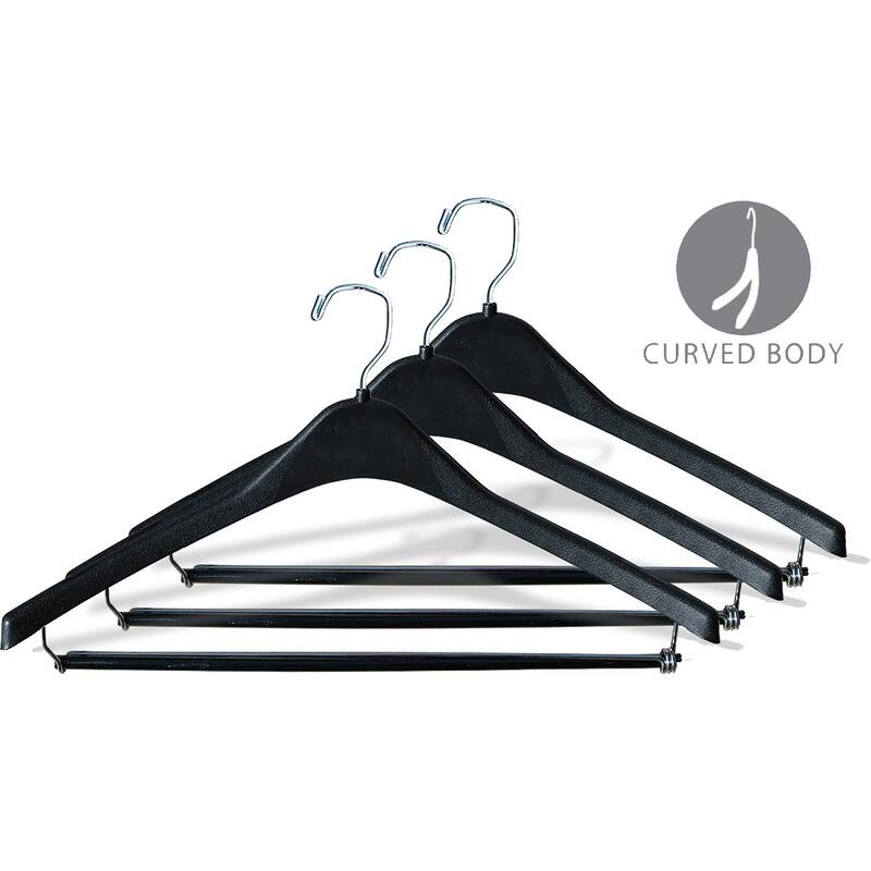 Heavy-Duty Black Plastic Coat Hanger with Locking Pant Bar, Box of 100 1/2 Inch Thick Countoured Hangers with Chrome Hook