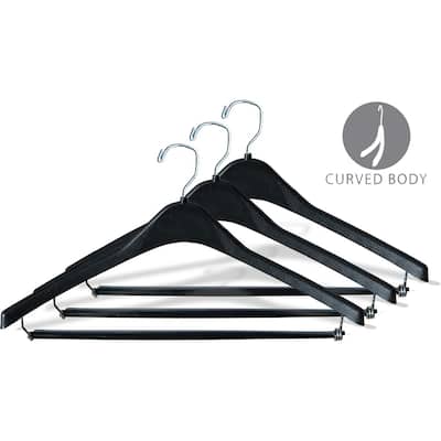 Heavy-Duty Black Plastic Coat Hanger with Locking Pant Bar, Box of 100 1/2 Inch Thick Countoured Hangers with Chrome Hook