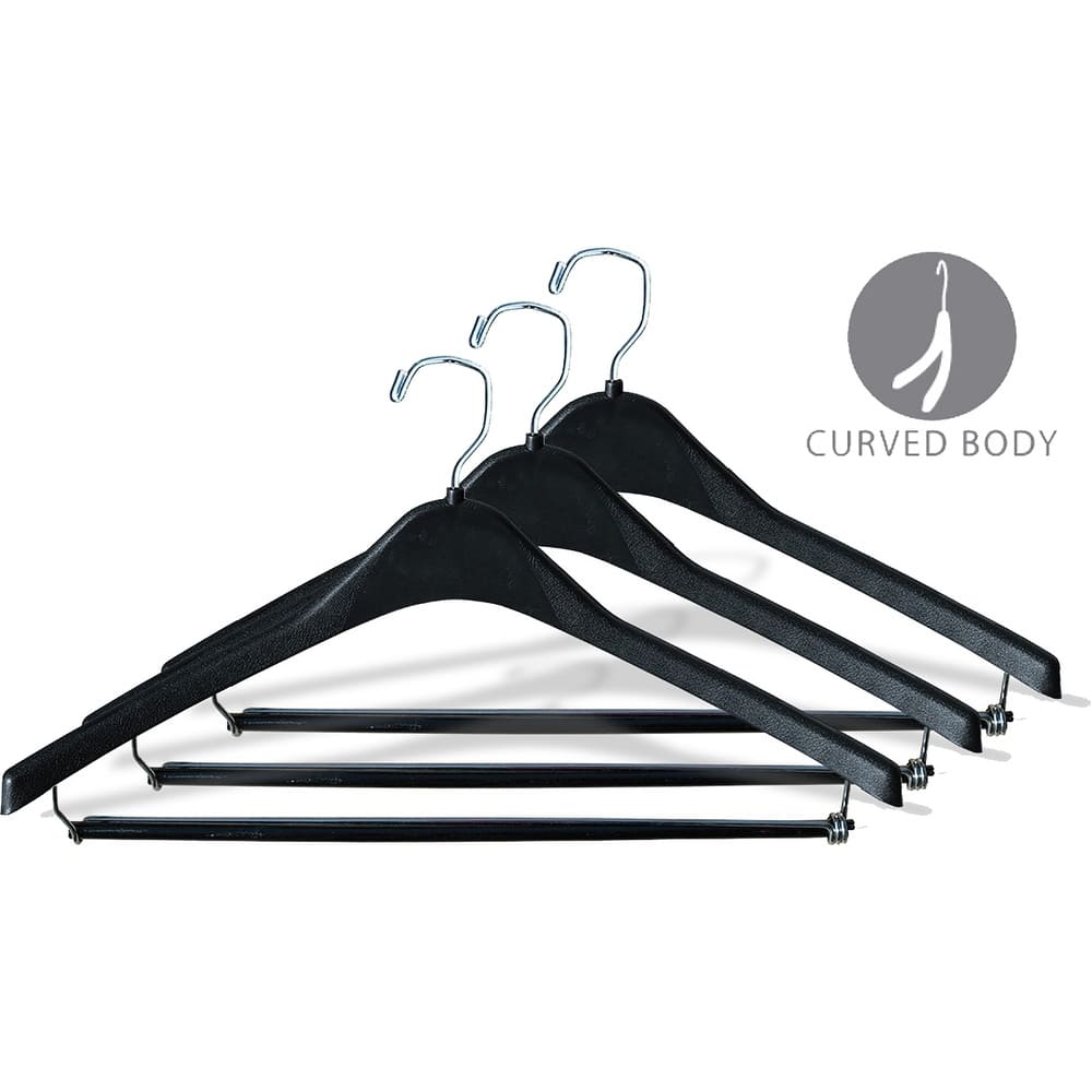 Heavy-Duty Black Plastic Coat Hanger with Locking Pant Bar, Box of 100 1/2 Inch Thick Countoured Hangers with Chrome Hook