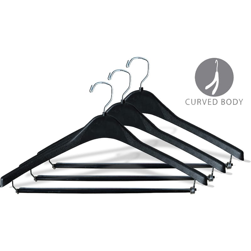Heavy-Duty Black Plastic Coat Hanger with Locking Pant Bar, Box of 100 1/2 Inch Thick Countoured Hangers with Chrome Hook