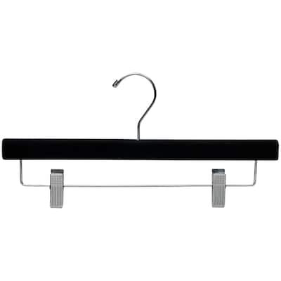 Black Velvet Wooden Pant Hanger with Adjustable Cushion Clips, Flocked Bottom Hangers with Chrome Swivel Hook