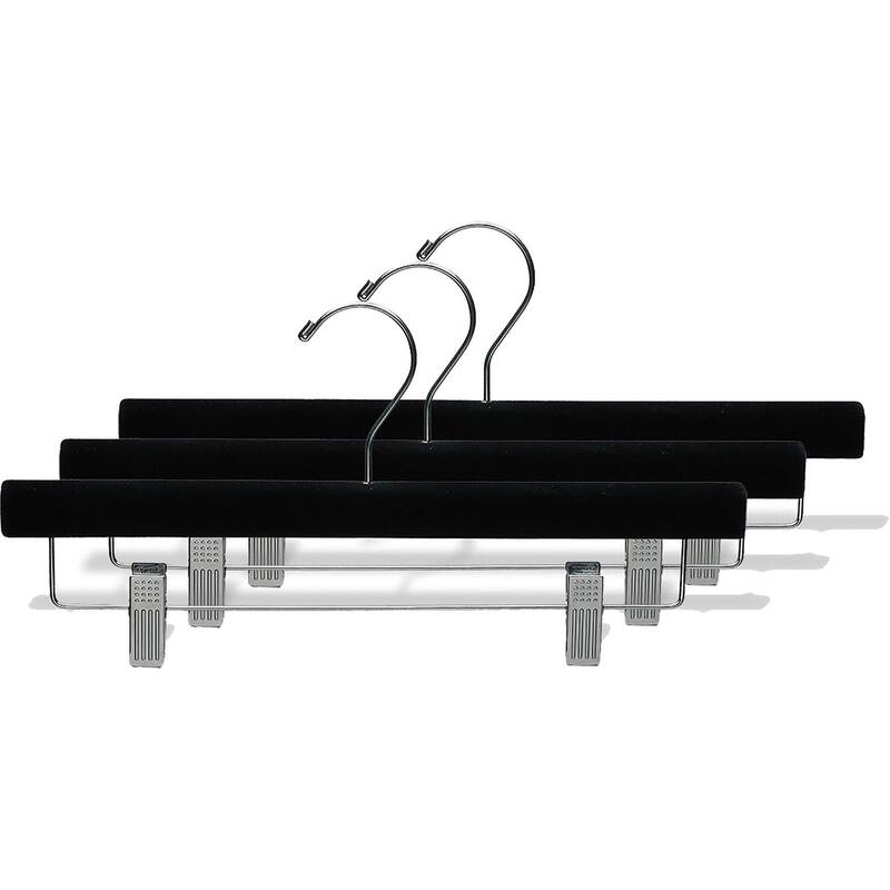 Black Velvet Wooden Pant Hanger with Adjustable Cushion Clips, Flocked Bottom Hangers with Chrome Swivel Hook