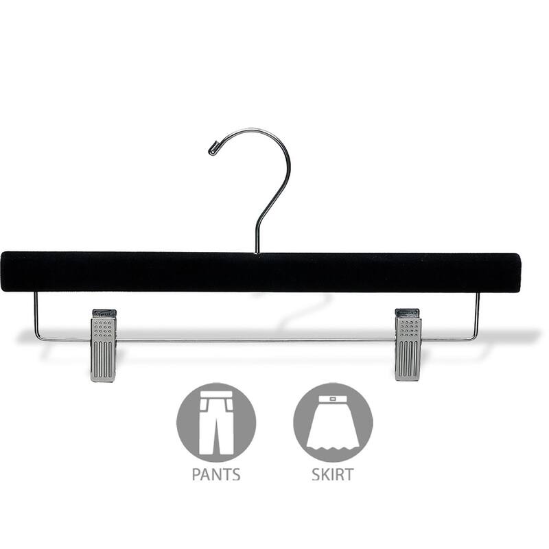 Black Velvet Wooden Pant Hanger with Adjustable Cushion Clips, Flocked Bottom Hangers with Chrome Swivel Hook