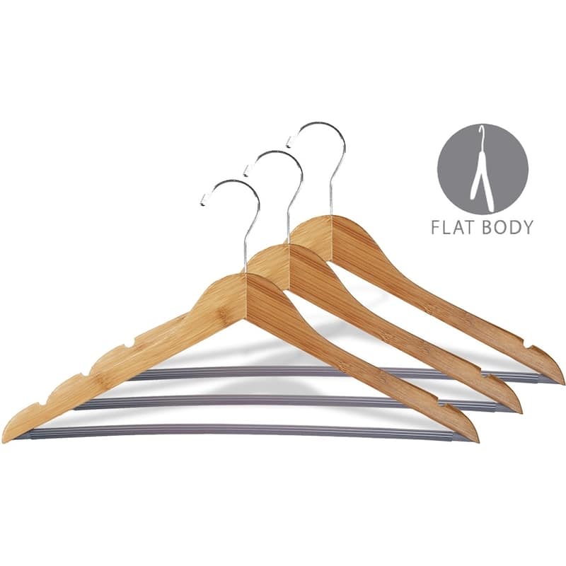 Bamboo Suit Hanger with Black Vinyl Bar, Eco-Friendly 17 Inch Flat Wooden Hangers with Lacquer Finish & Chrome Swivel Hook