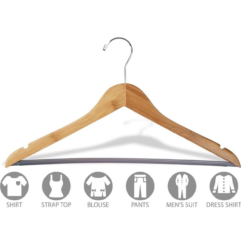 Bamboo Suit Hanger with Black Vinyl Bar, Eco-Friendly 17 Inch Flat Wooden Hangers with Lacquer Finish & Chrome Swivel Hook