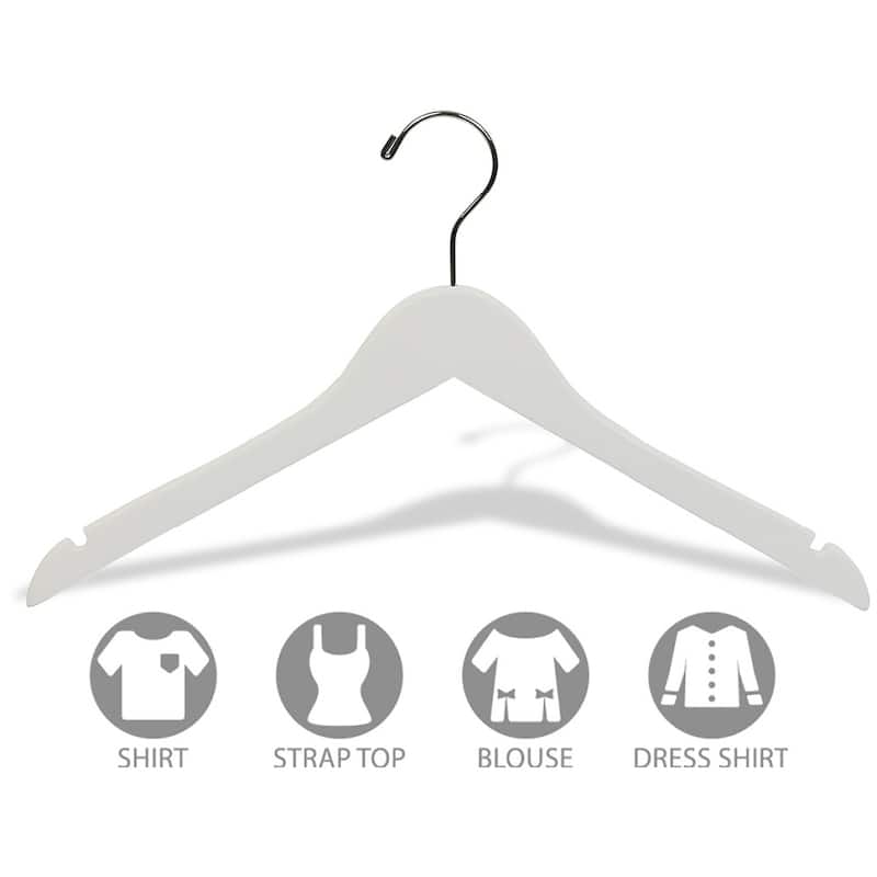 White Rubberized Wooden Top Hangers, Space Saving Flat Rubber Coated Hangers with Chrome Swivel Hook & Notches