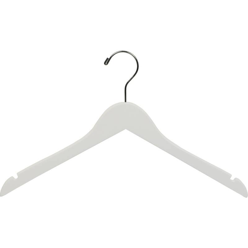 White Rubberized Wooden Top Hangers, Space Saving Flat Rubber Coated Hangers with Chrome Swivel Hook & Notches