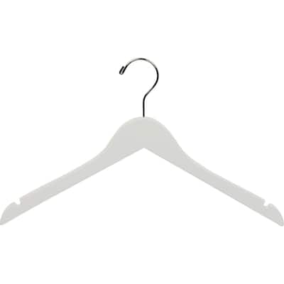 White Rubberized Wooden Top Hangers, Space Saving Flat Rubber Coated Hangers with Chrome Swivel Hook & Notches