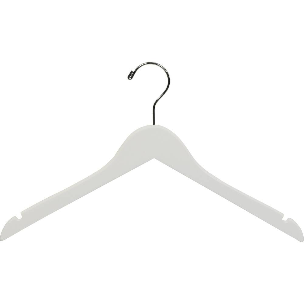 White Rubberized Wooden Top Hangers, Space Saving Flat Rubber Coated Hangers with Chrome Swivel Hook & Notches