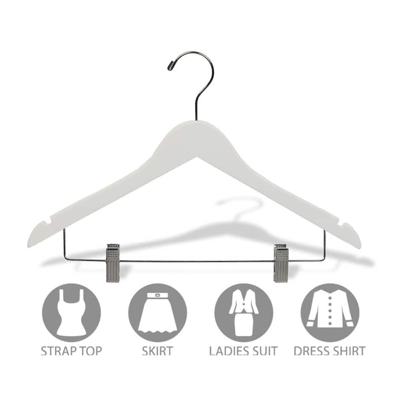 White Rubberized Wooden Combo Hangers with Adjustable Cushion Clips, Flat Rubber Coated with Chrome Swivel Hook & Notches