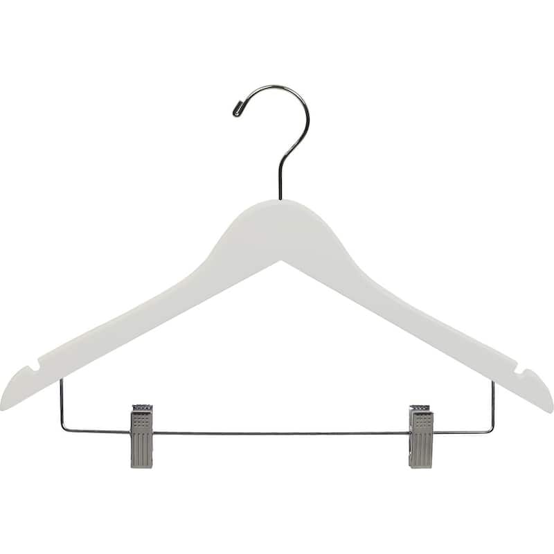 White Rubberized Wooden Combo Hangers with Adjustable Cushion Clips, Flat Rubber Coated with Chrome Swivel Hook & Notches