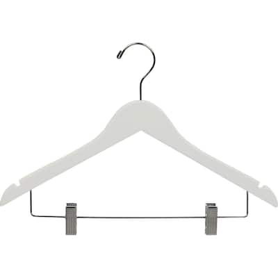 White Rubberized Wooden Combo Hangers with Adjustable Cushion Clips, Flat Rubber Coated with Chrome Swivel Hook & Notches