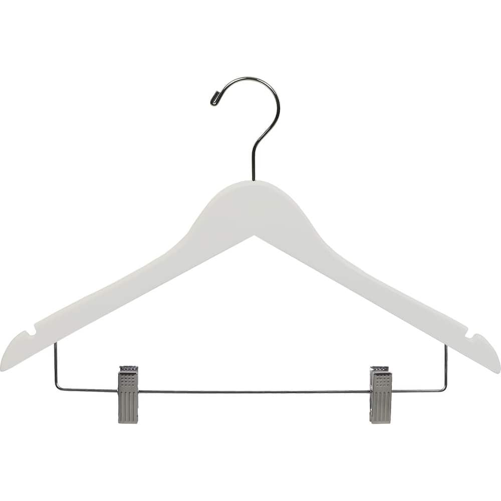 White Rubberized Wooden Combo Hangers with Adjustable Cushion Clips, Flat Rubber Coated with Chrome Swivel Hook & Notches