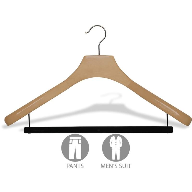 Deluxe Wooden Suit Hanger with Velvet Bar, Large 2 Inch Wide Contoured Hangers with Natural Finish & Chrome Swivel Hook