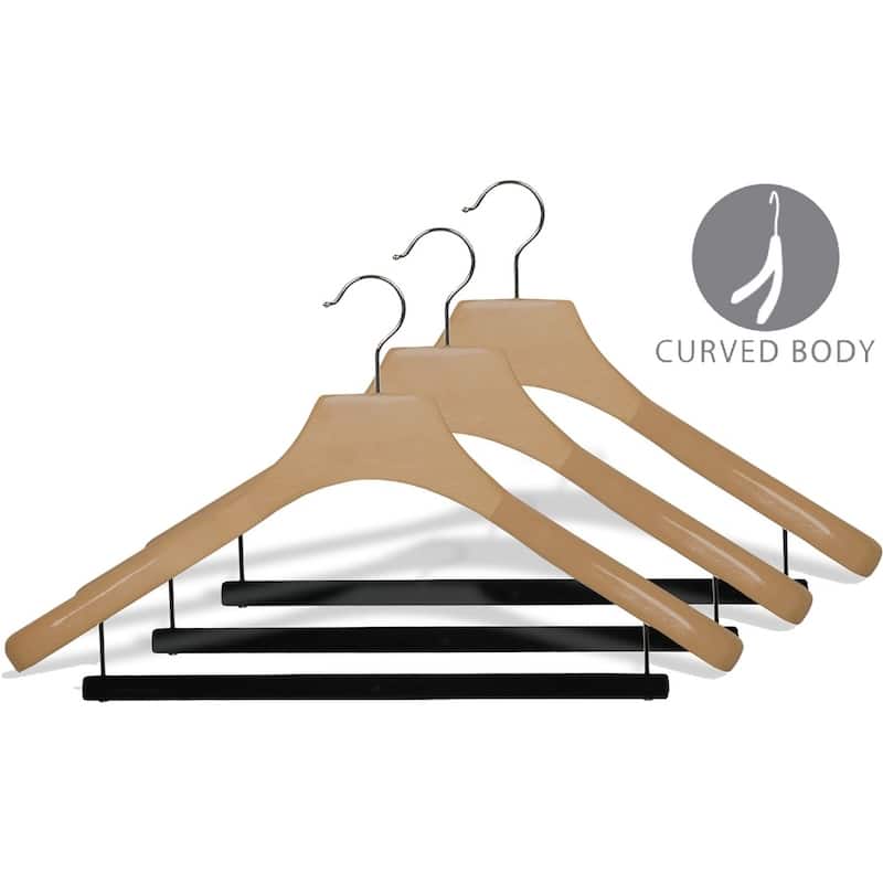 Deluxe Wooden Suit Hanger with Velvet Bar, Large 2 Inch Wide Contoured Hangers with Natural Finish & Chrome Swivel Hook