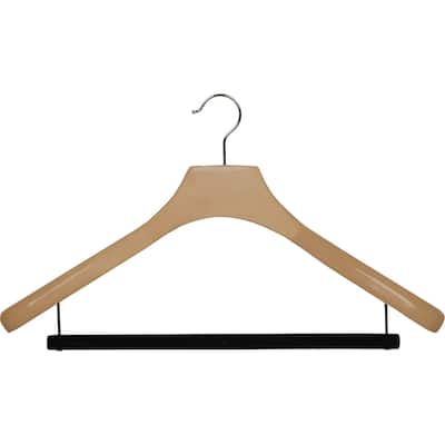 Deluxe Wooden Suit Hanger with Velvet Bar, Large 2 Inch Wide Contoured Hangers with Natural Finish & Chrome Swivel Hook