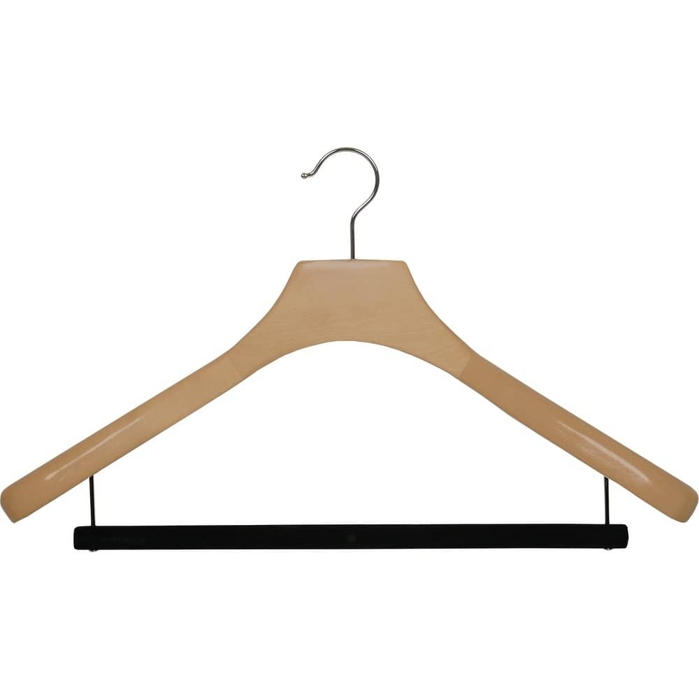Deluxe Wooden Suit Hanger with Velvet Bar, Large 2 Inch Wide Contoured Hangers with Natural Finish & Chrome Swivel Hook