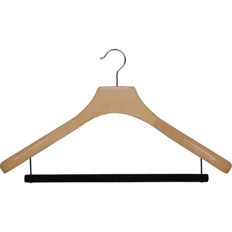 Deluxe Wooden Suit Hanger with Velvet Bar, Large 2 Inch Wide Contoured Hangers with Natural Finish & Chrome Swivel Hook