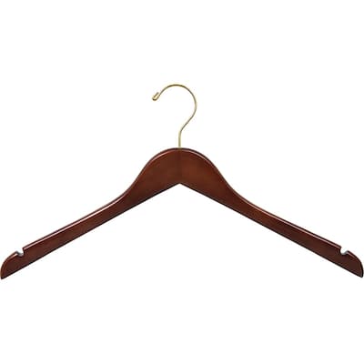 Wooden Top Hanger with Walnut Finish, Space Saving 17 Inch Flat Hangers with Brass Swivel Hook & Notches for Hanging Straps