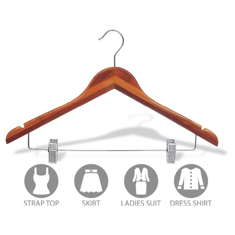 Bamboo Combo Hanger with Adjustable Cushion Clips, Eco-Friendly 17 Inch Flat Wooden Hangers with Chrome Swivel Hook