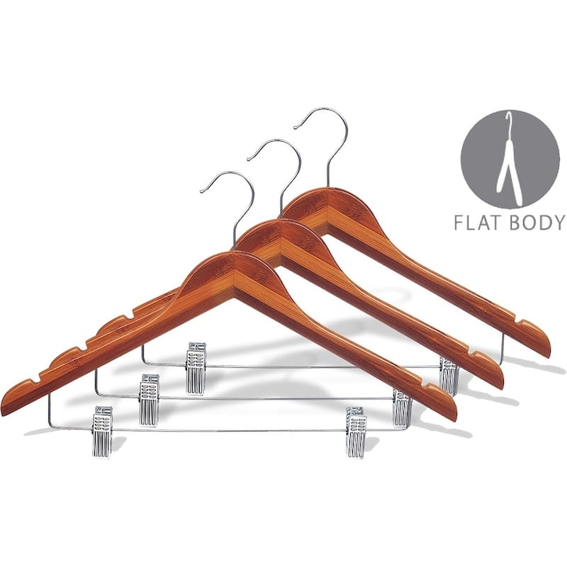 Bamboo Combo Hanger with Adjustable Cushion Clips, Eco-Friendly 17 Inch Flat Wooden Hangers with Chrome Swivel Hook