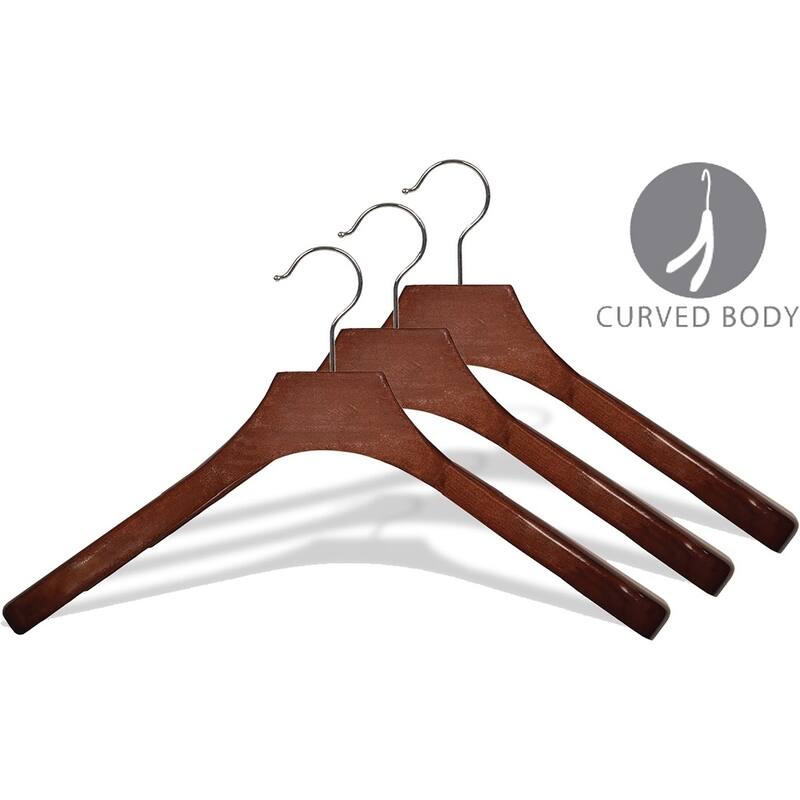 Deluxe Wooden Coat Hanger with Walnut Finish and Chrome Swivel Hook, Large Contoured Jacket Hanger with 2 Inch Wide Shoulders