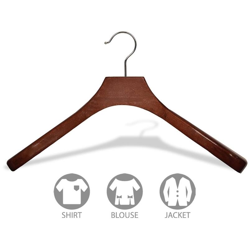 Deluxe Wooden Coat Hanger with Walnut Finish and Chrome Swivel Hook, Large Contoured Jacket Hanger with 2 Inch Wide Shoulders
