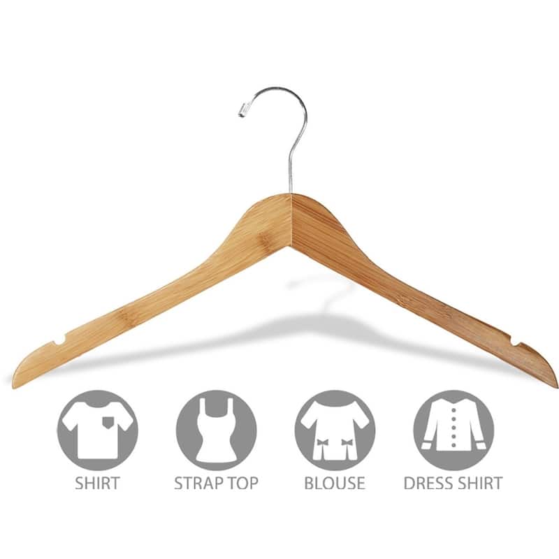 Bamboo Top Hanger, Eco-Friendly 17 Inch Flat Wooden Hangers with Lacquer Finish & Chrome Swivel Hook