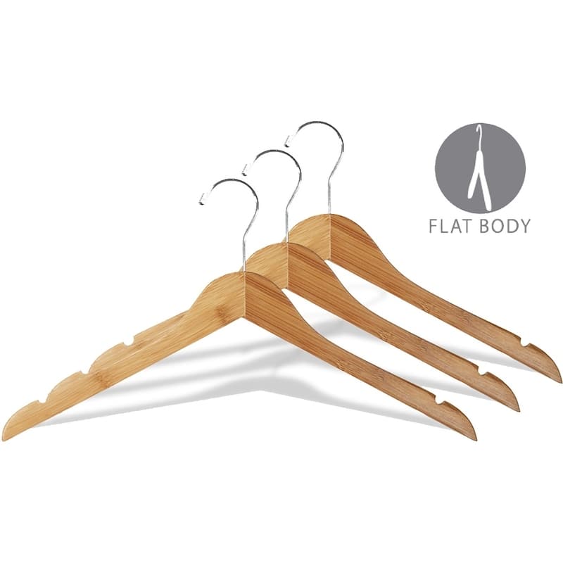 Bamboo Top Hanger, Eco-Friendly 17 Inch Flat Wooden Hangers with Lacquer Finish & Chrome Swivel Hook