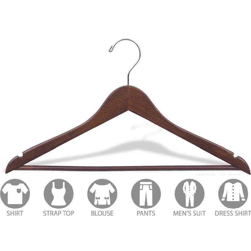 Rubberized Wood Suit Hanger w/ Walnut Finish and Solid Wood Bar, 17 Inch Flat Rubber Coated Hangers with Chrome Hook & Notches