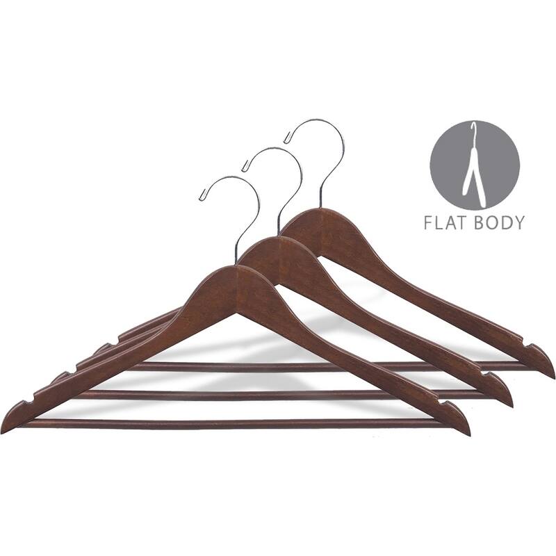 Rubberized Wood Suit Hanger w/ Walnut Finish and Solid Wood Bar, 17 Inch Flat Rubber Coated Hangers with Chrome Hook & Notches