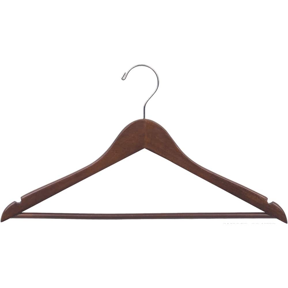 Rubberized Wood Suit Hanger w/ Walnut Finish and Solid Wood Bar, 17 Inch Flat Rubber Coated Hangers with Chrome Hook & Notches