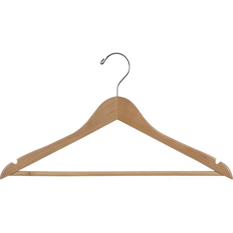 Rubberized Wooden Suit Hanger with Natural Finish and Solid Wood Bar, 17 Inch Flat Rubber Coated with Chrome Hook & Notches