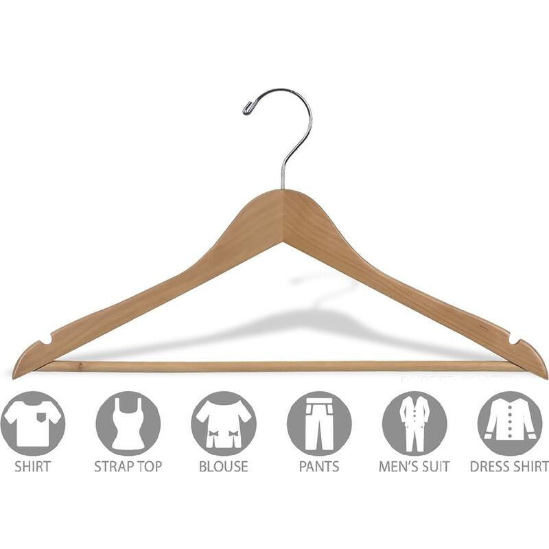 Rubberized Wooden Suit Hanger with Natural Finish and Solid Wood Bar, 17 Inch Flat Rubber Coated with Chrome Hook & Notches