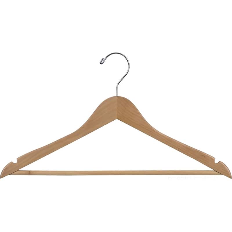 Rubberized Wooden Suit Hanger with Natural Finish and Solid Wood Bar, 17 Inch Flat Rubber Coated with Chrome Hook & Notches