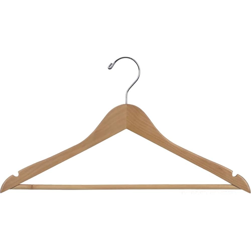 Rubberized Wooden Suit Hanger with Natural Finish and Solid Wood Bar, 17 Inch Flat Rubber Coated with Chrome Hook & Notches
