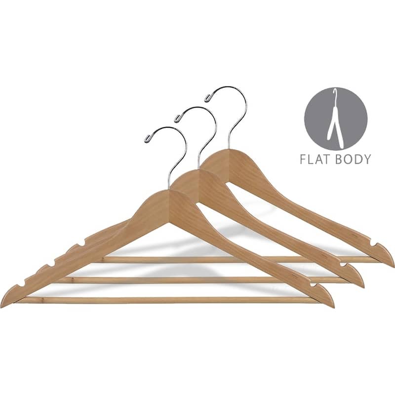 Rubberized Wooden Suit Hanger with Natural Finish and Solid Wood Bar, 17 Inch Flat Rubber Coated with Chrome Hook & Notches