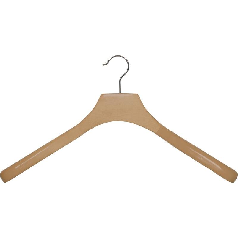 Deluxe Wooden Coat Hanger with Natural Finish and Chrome Swivel Hook, Contoured Hangers with 2 Inch Shoulders