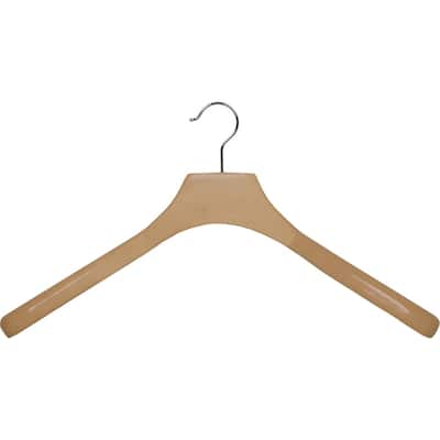 Deluxe Wooden Coat Hanger with Natural Finish and Chrome Swivel Hook, Contoured Hangers with 2 Inch Shoulders