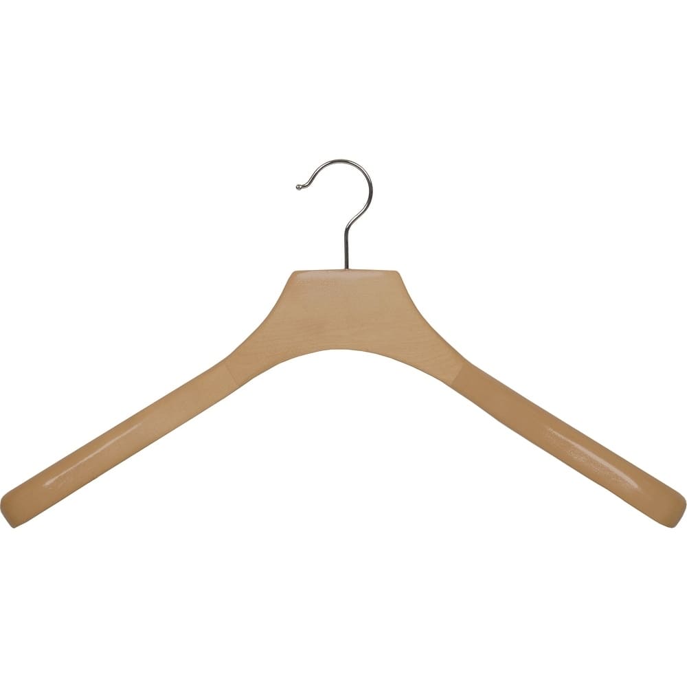 Deluxe Wooden Coat Hanger with Natural Finish and Chrome Swivel Hook, Contoured Hangers with 2 Inch Shoulders