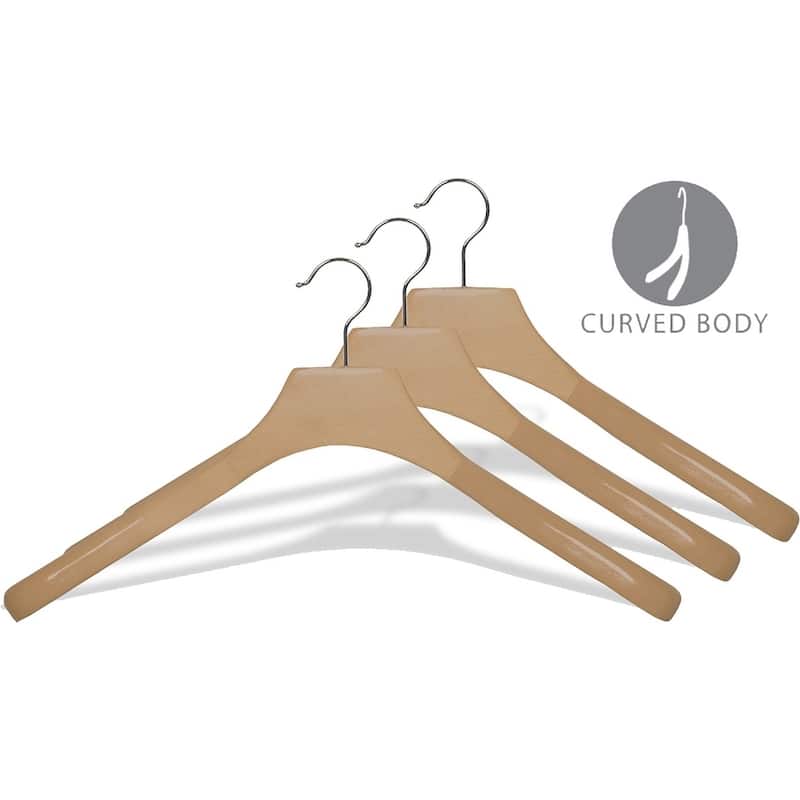 Deluxe Wooden Coat Hanger with Natural Finish and Chrome Swivel Hook, Contoured Hangers with 2 Inch Shoulders